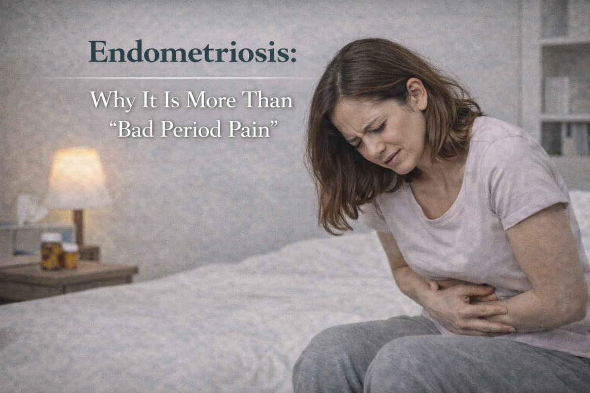 A woman experiencing endometriosis symptoms including severe period pain, pelvic discomfort, and fatigue affecting daily life